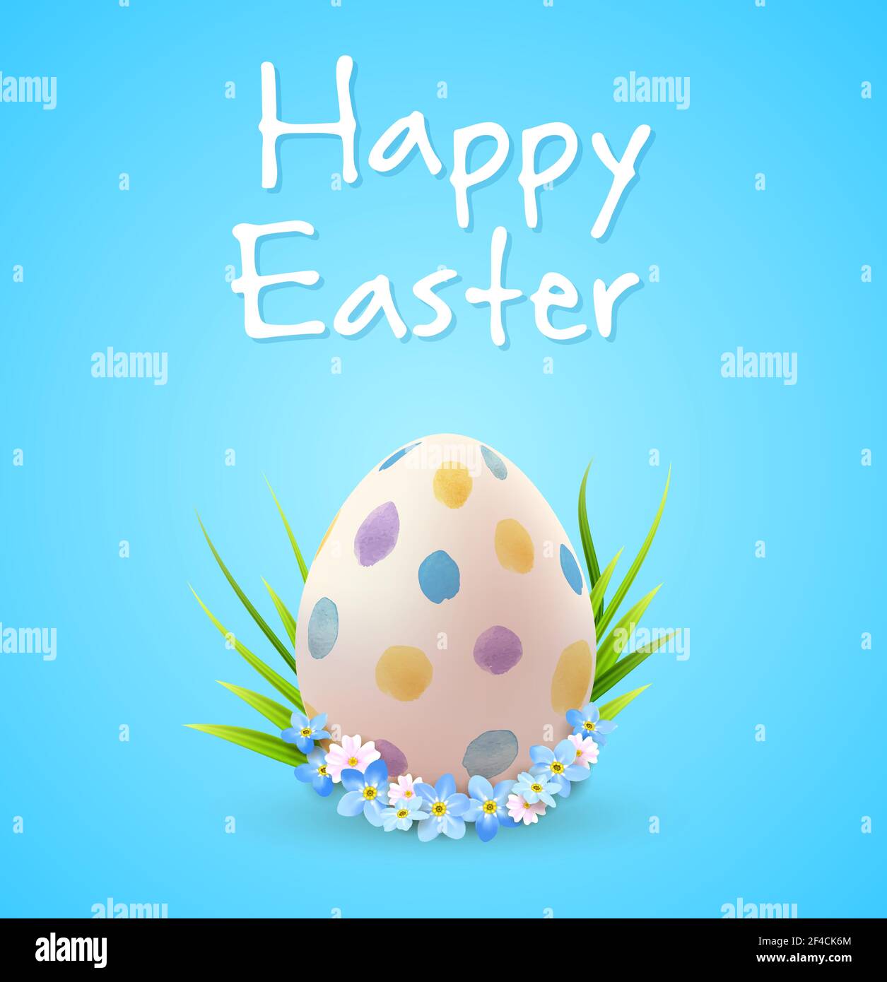 Decorative Easter egg, blue spring flowers and green grass. Festive ...