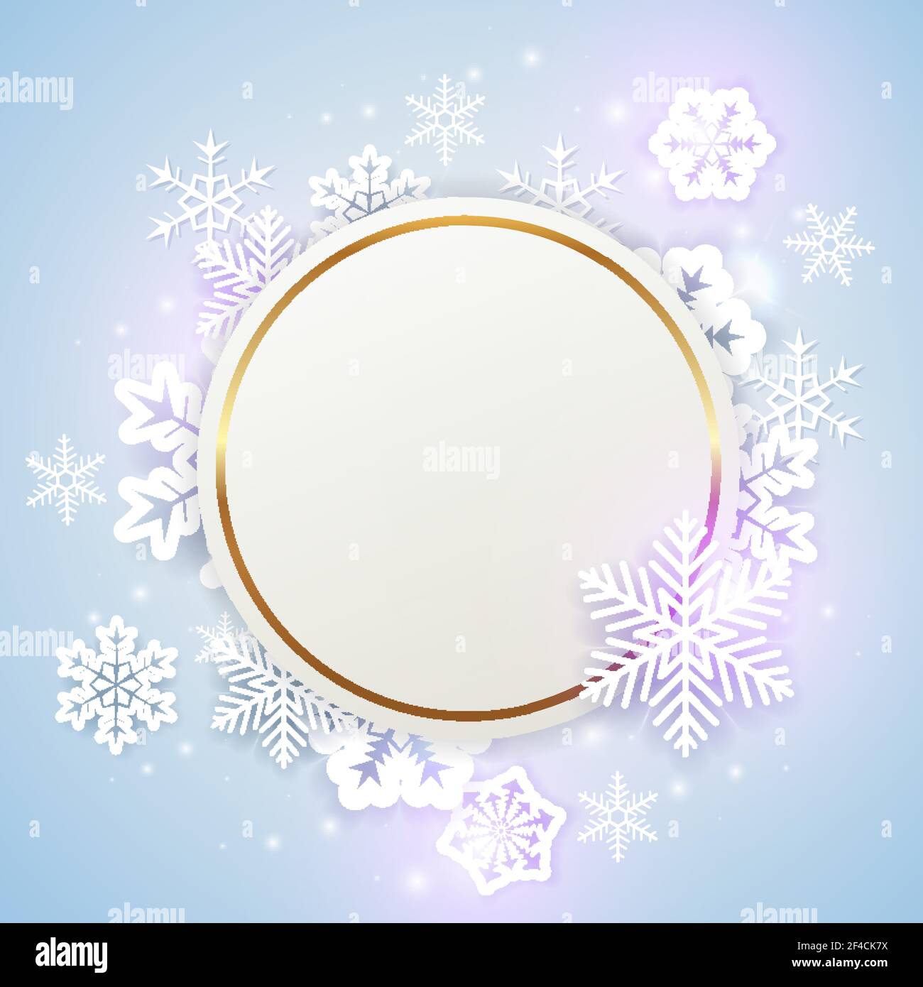 Christmas background with golden round frame and white paper snowflakes ...