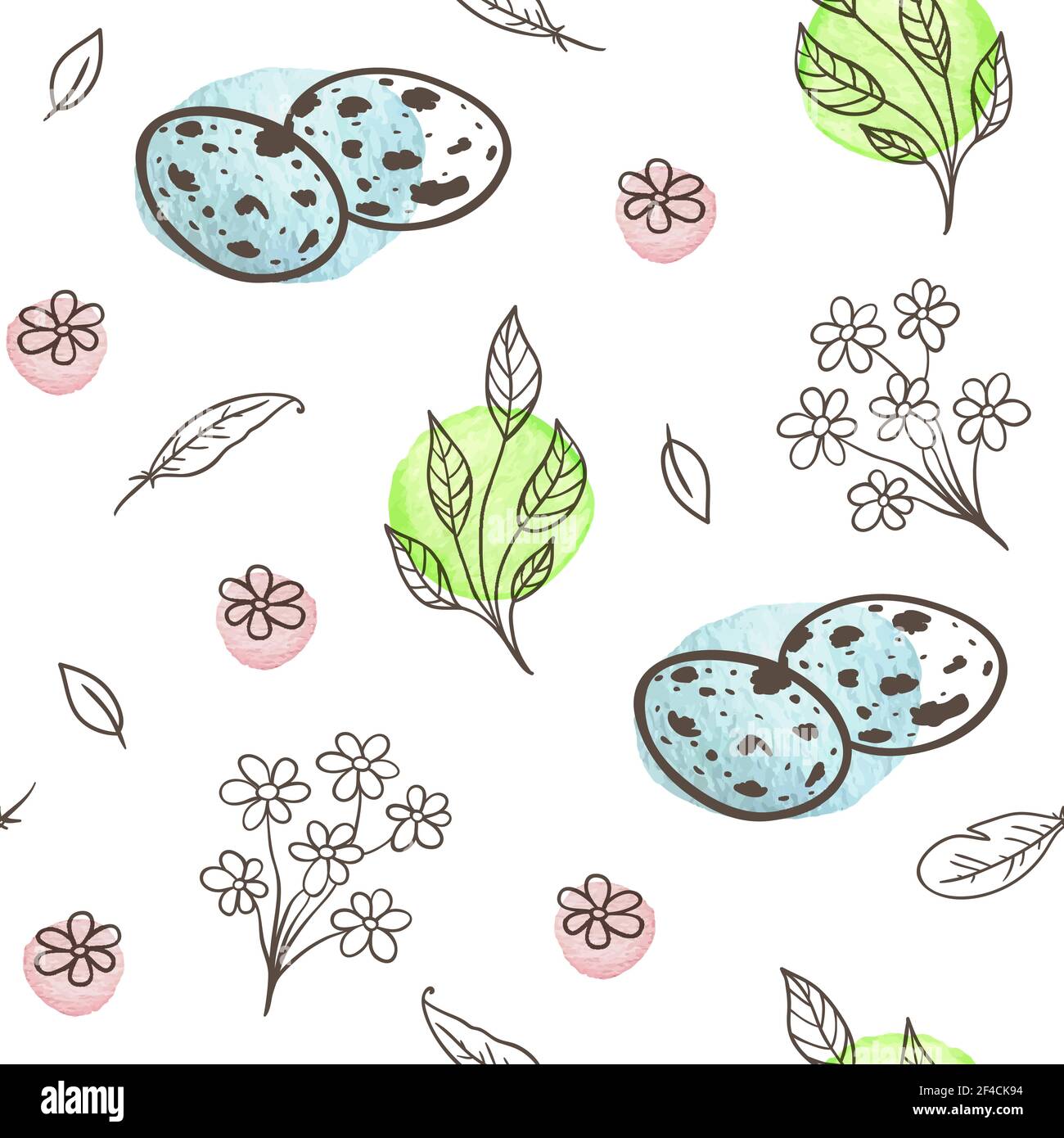 Hand drawn doodle Easter seamless pattern with eggs and florals on a white background. Vector illustration. Stock Vector