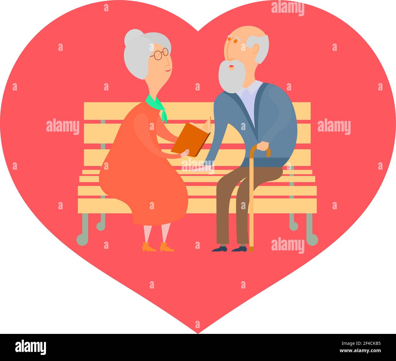 Cute old man and an old woman on a park bench reading a book on a background of red hearts. The concept of a long and faithful love and fidelity. Stock vector illustration Stock Vector