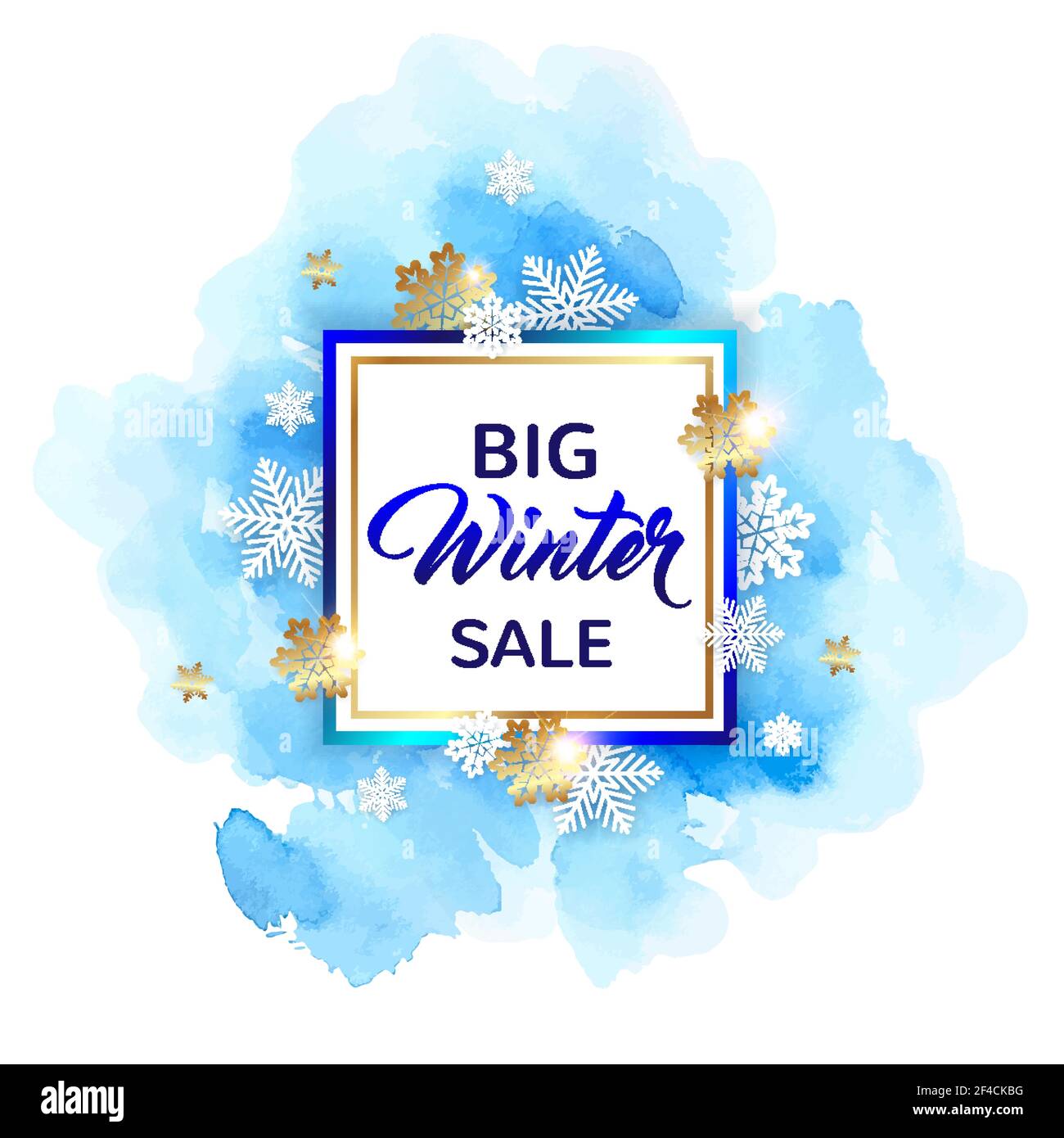 Decorative winter frame with white snowflakes and blue watercolor ...