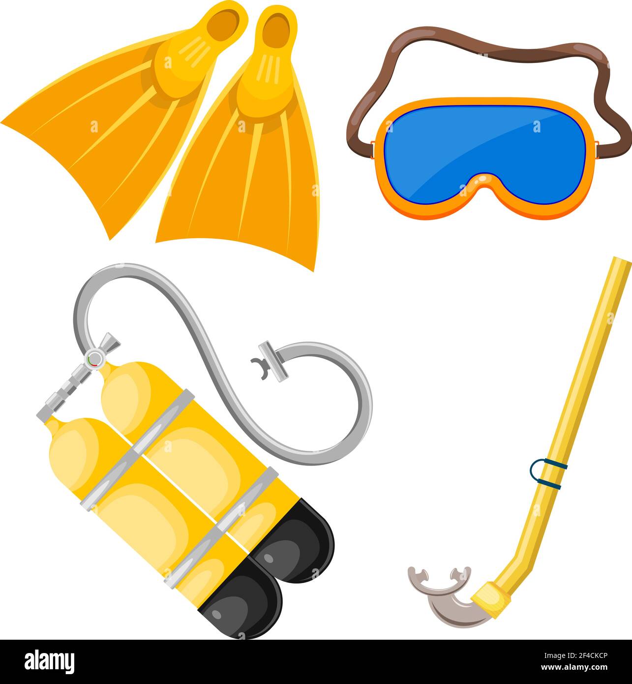 Vector set of abstract objects for diving. Mask, snorkel, scuba, fins. Cartoon diver subjects. Stock vector Stock Vector