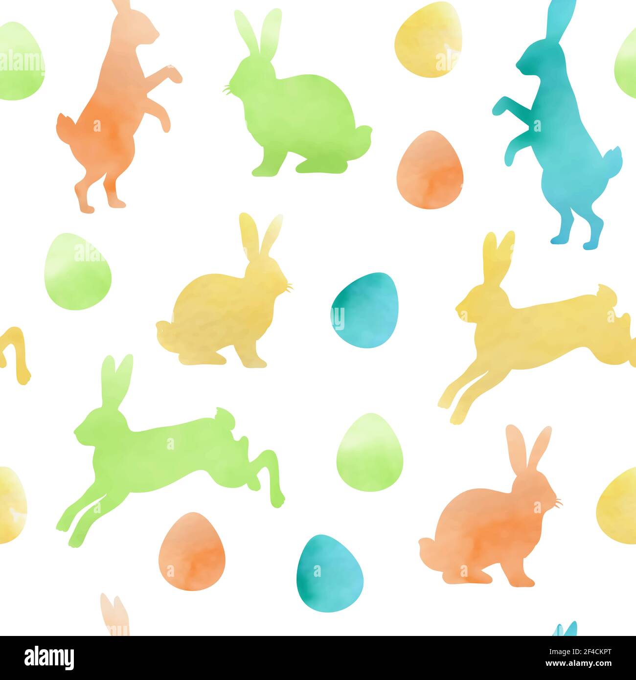 Watercolor Easter seamless pattern with rabbits and eggs on a white background. Vector illustration. Stock Vector