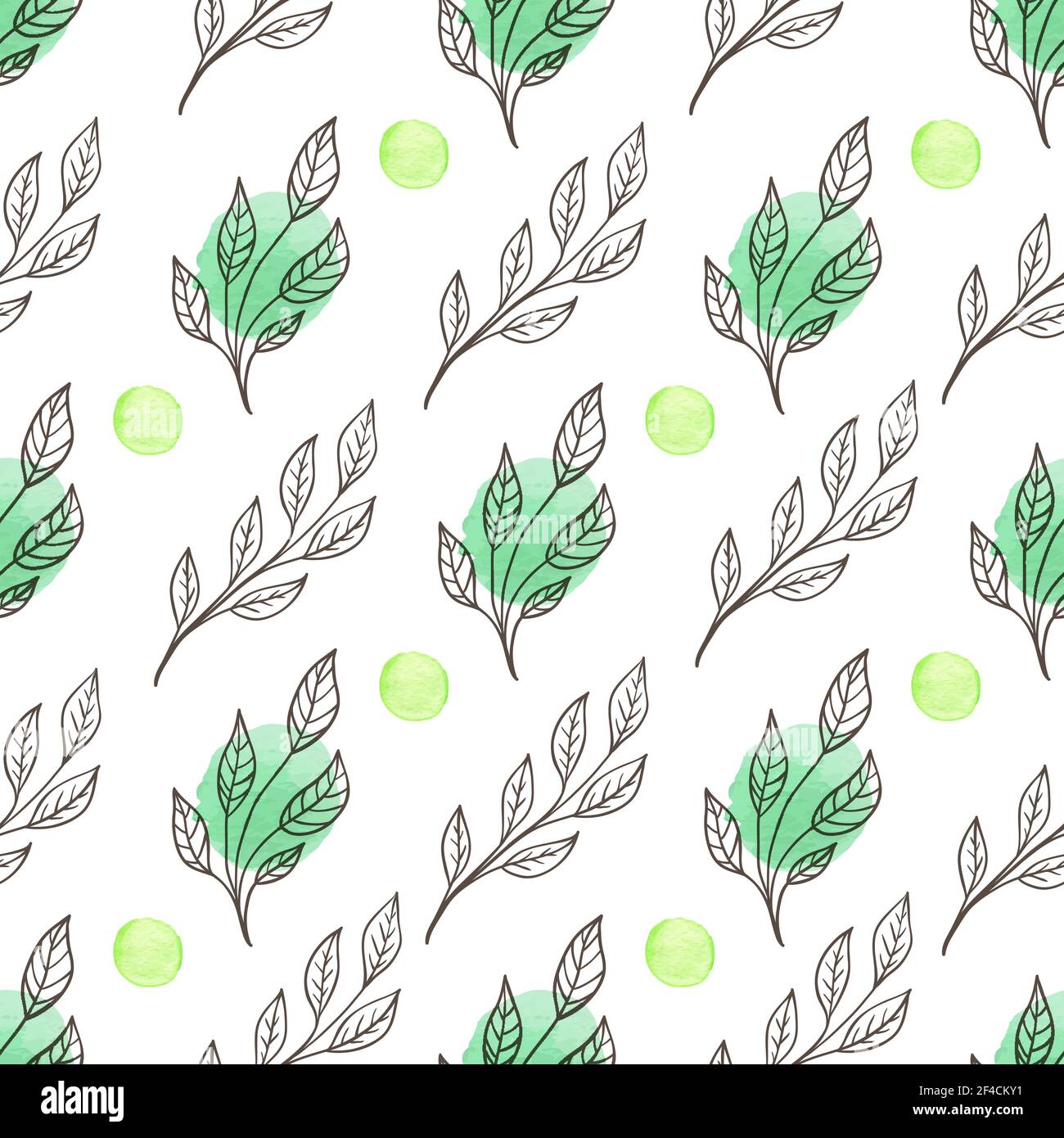 Hand drawn doodle green spring floral seamless pattern with leaves and watercolor blobs. Decorative vector background Stock Vector