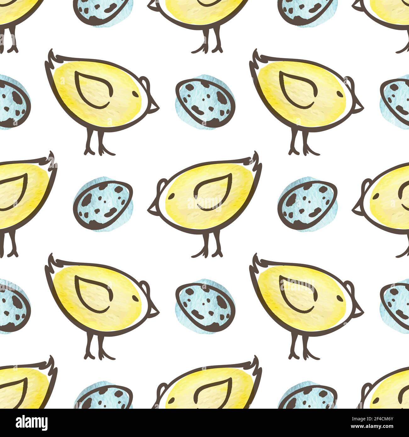 Hand drawn doodle Easter seamless pattern with eggs and yellow chicken on a white background. Vector illustration. Stock Vector