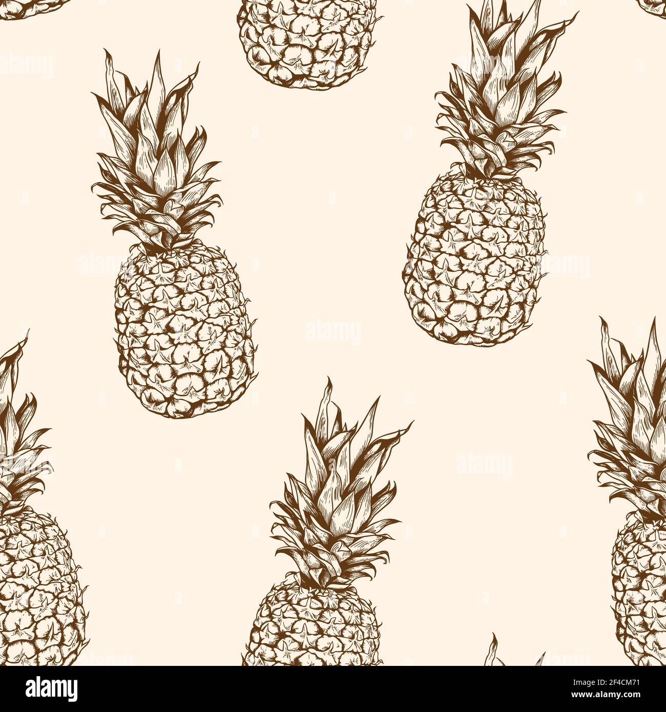 Hand drawn vector seamless pattern with pineapple. Vintage tropical ...