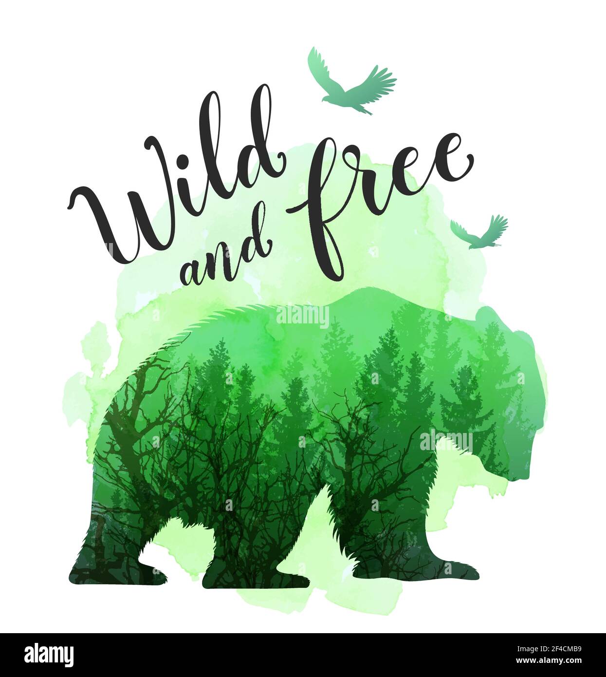 Green silhouette of a wild bear, tree and calligraphy. Wild life in nature. Vector illustration with green watercolor texture. Stock Vector