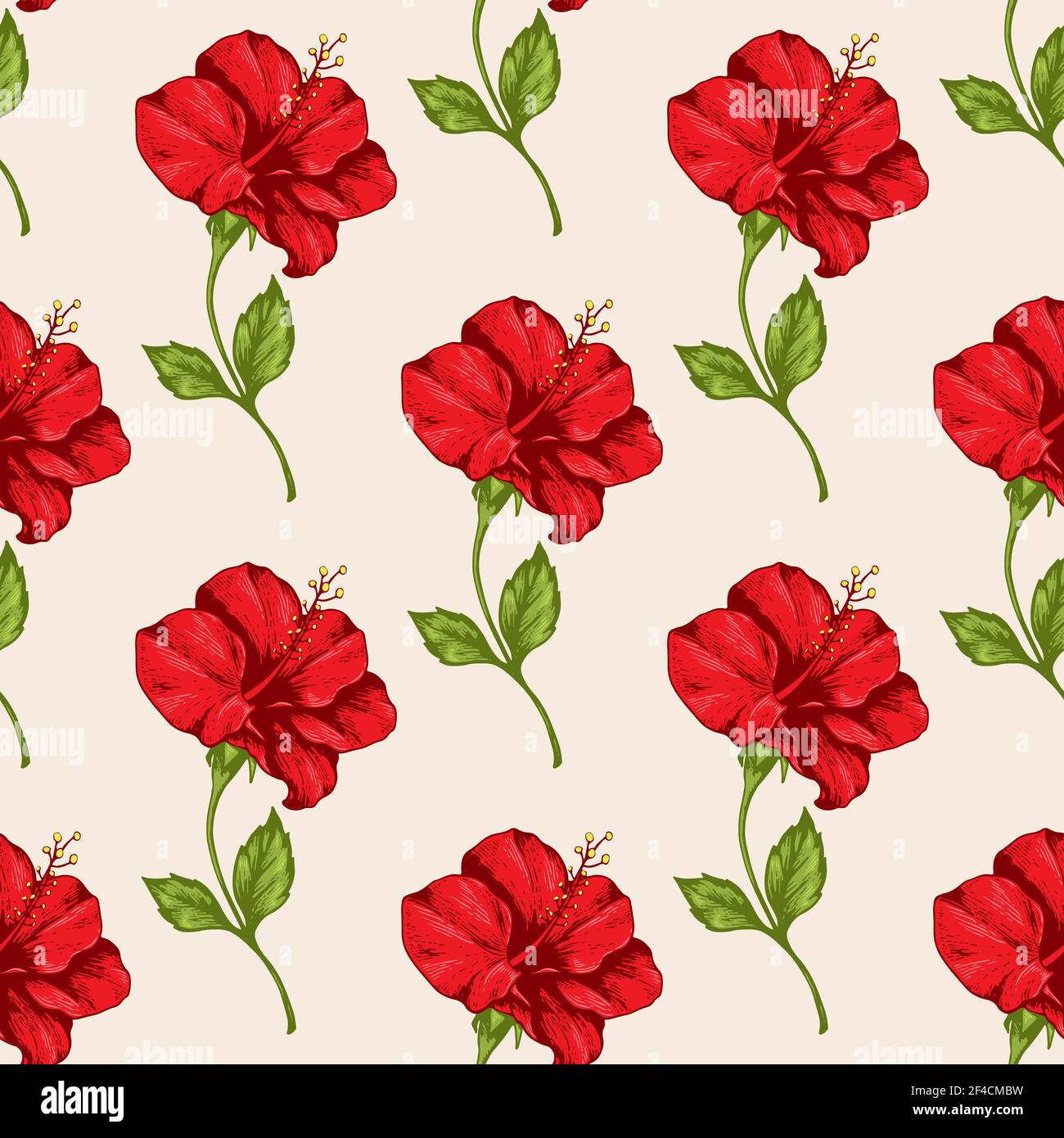 Tropical seamless pattern with red hibiscus flowers. Hand drawn vintage ...