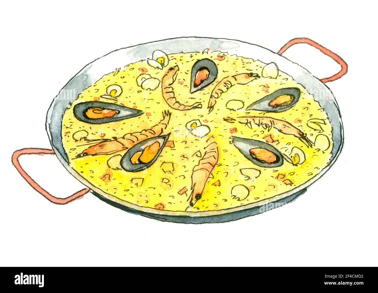 Paella illustration. Spanish rice, paella with seafood. Watercolor drawing. Stock Photo