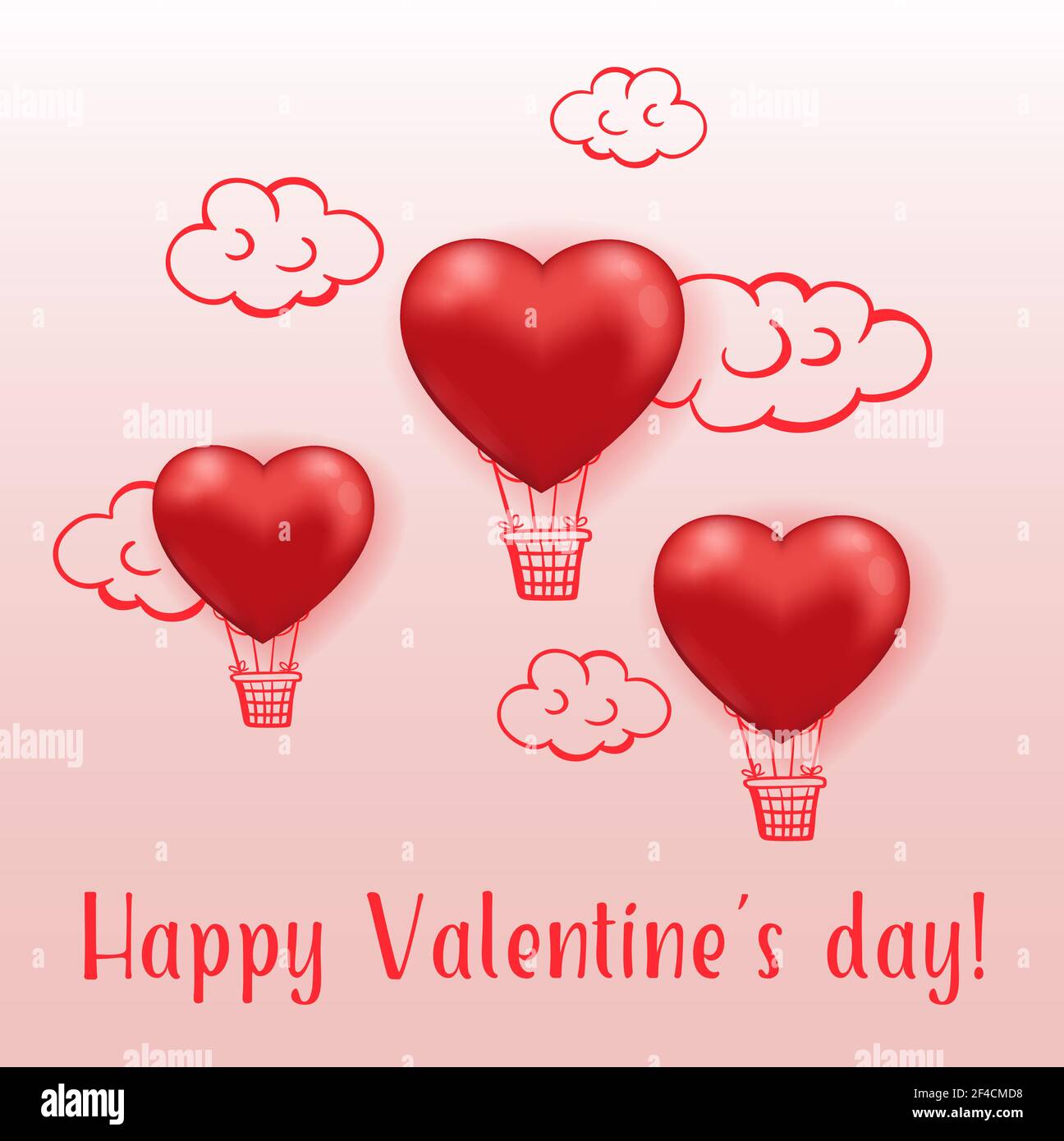 Saint Valentine’s day greeting card with red air balloon hearts on a ...