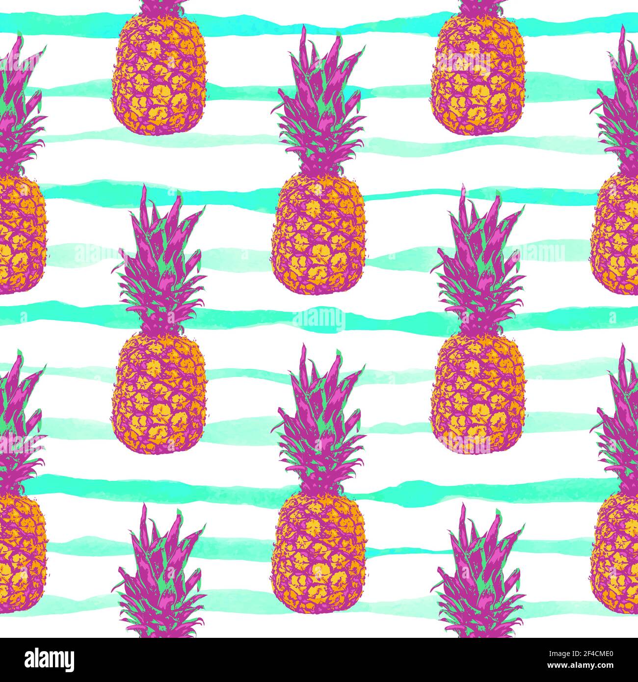 Tropical vector seamless pattern with pineapple on striped background. Stock Vector