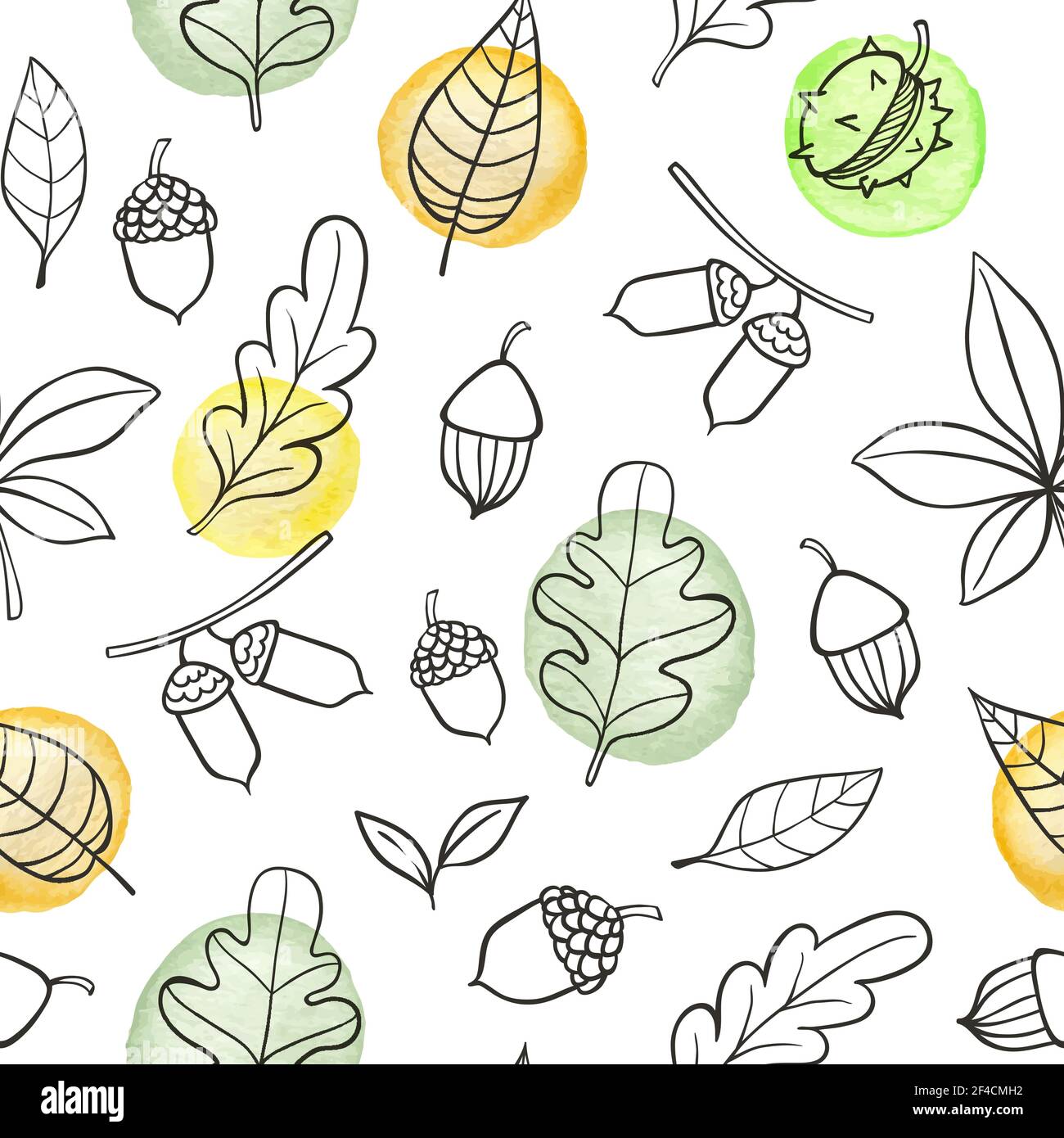 Autumn doodle seamless pattern with oak leaves and acorns on a white ...