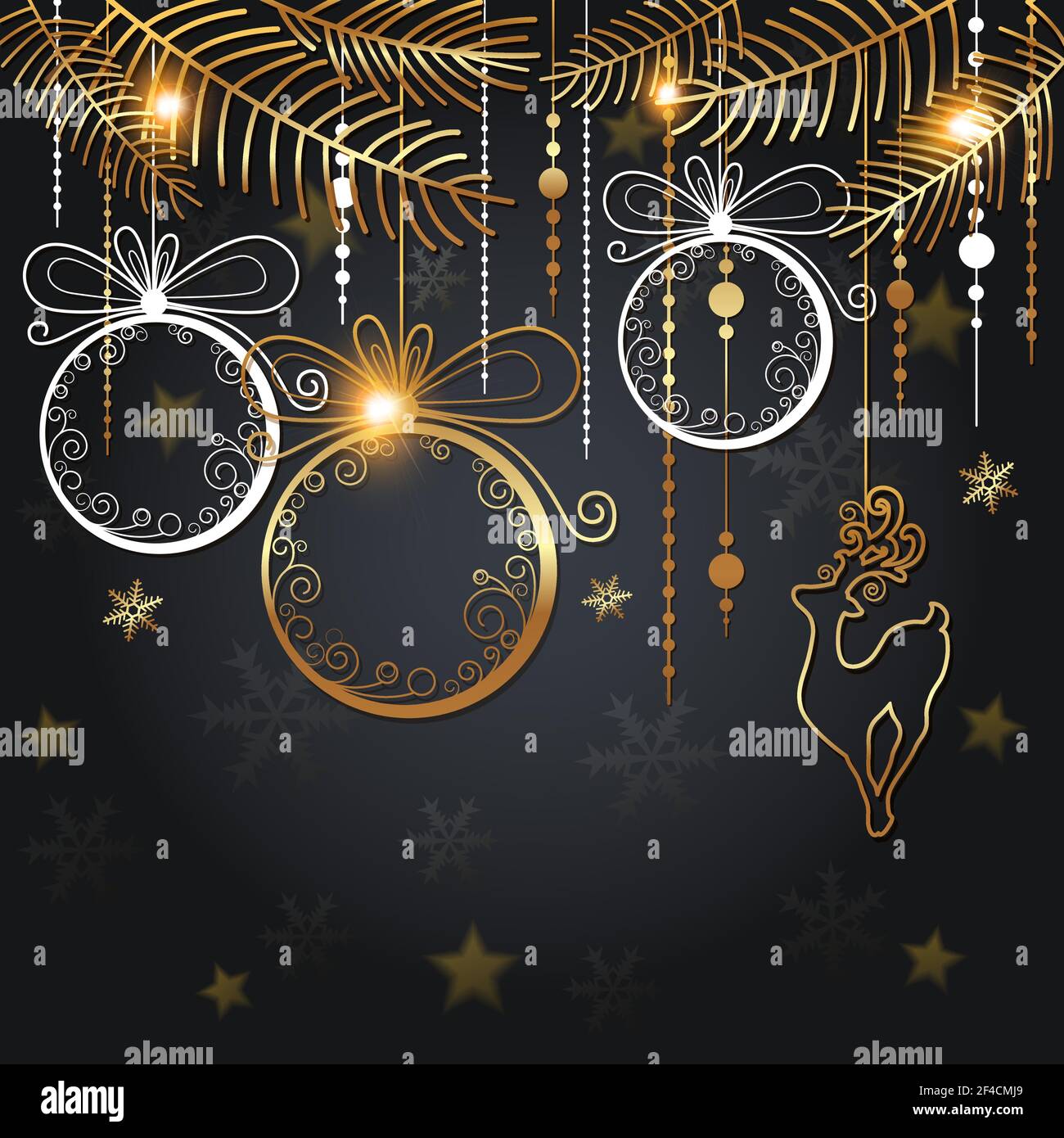 Christmas background with golden decorations and fir branch on a black background. Design for New year greeting card. Vector illustration Stock Vector