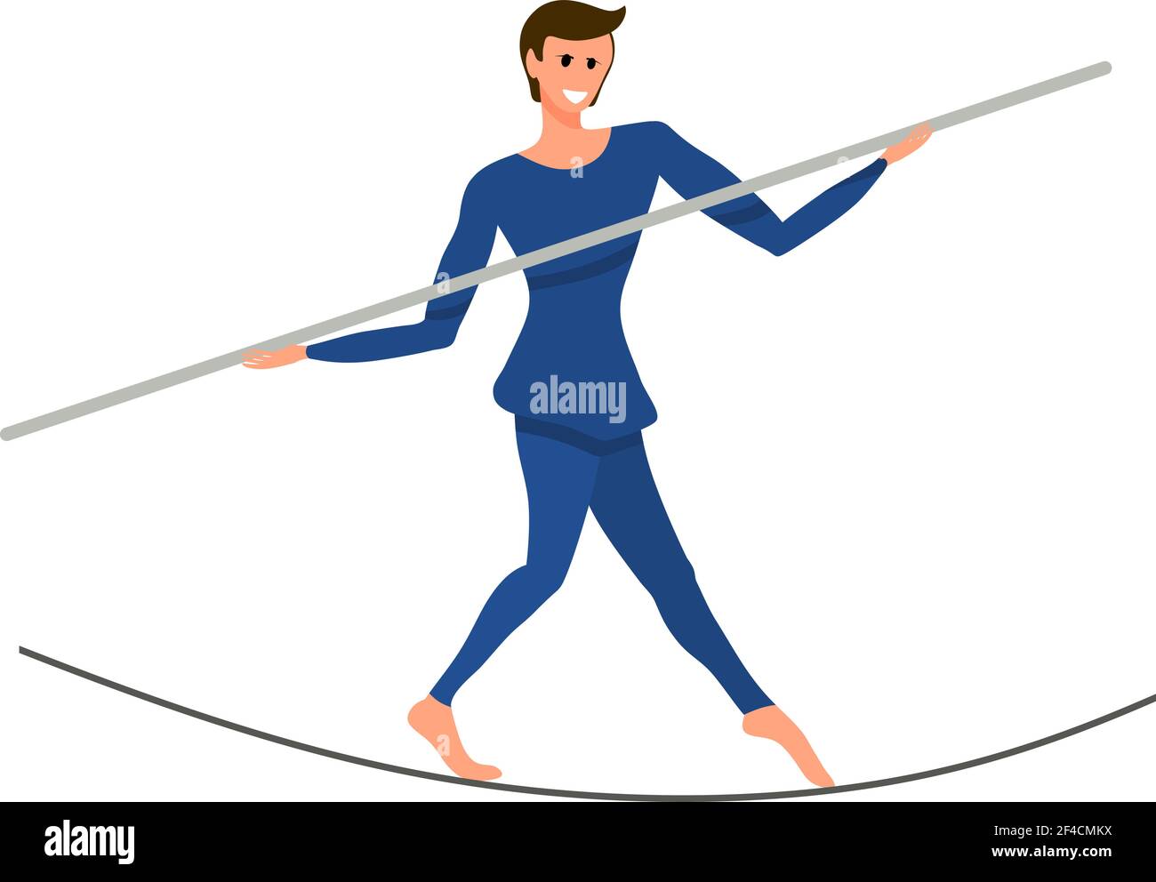 Circus artist on a tightly stretched rope with a pole in his hands. Boy is a balancer under the circus dome. Vector illustration Stock Vector