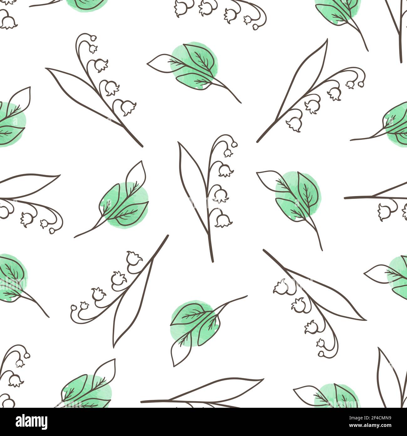 Hand drawn doodle spring floral seamless pattern with leaves and lily of the valley on a white background. Decorative vector background Stock Vector