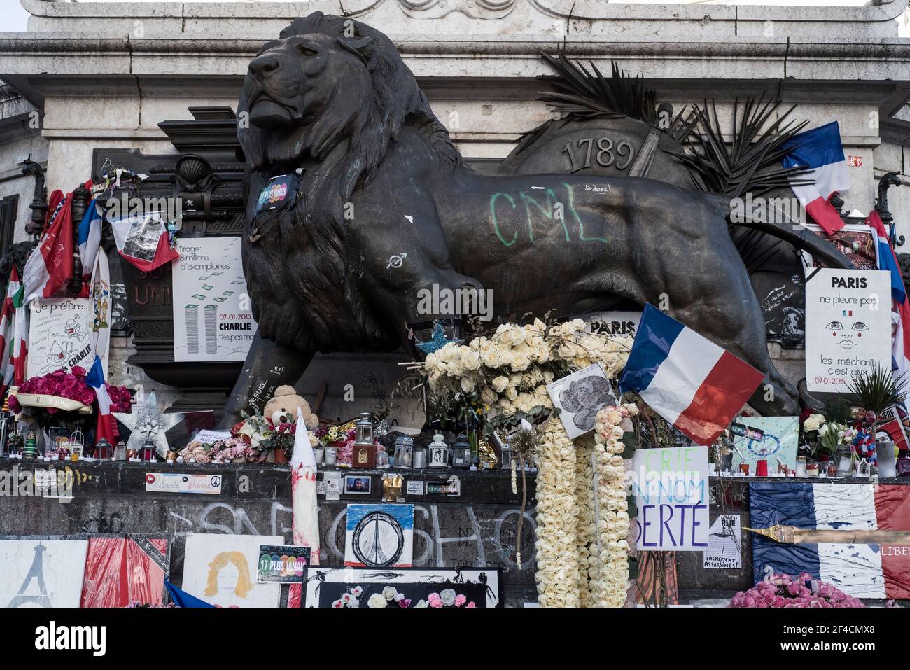 Paris, France 2016. Improvised memorials for the victims of the November 2015 Paris attack Stock Photo