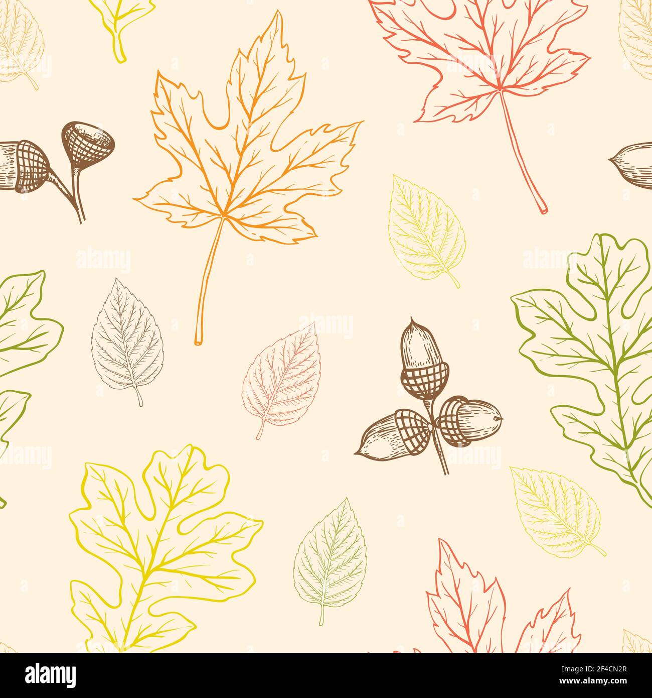 Autumn seamless pattern with oak and maple leaves and acorns. Hand ...