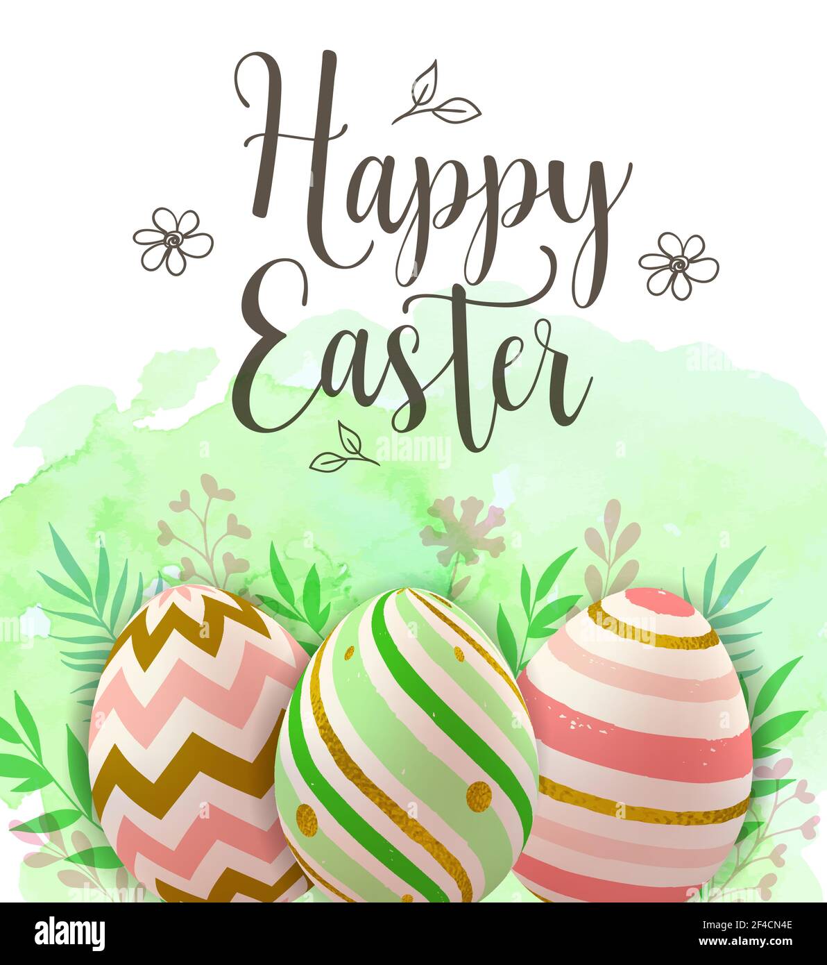 Easter greeting card with decorative eggs on a green watercolor background. Vector illustration. Happy Easter lettering Stock Vector