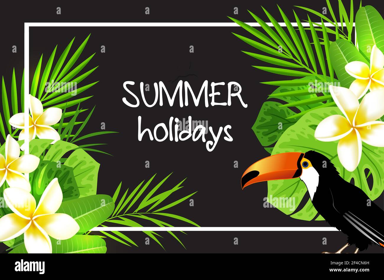 Summer tropical background with flowers, palm leaves and toucan bird ...