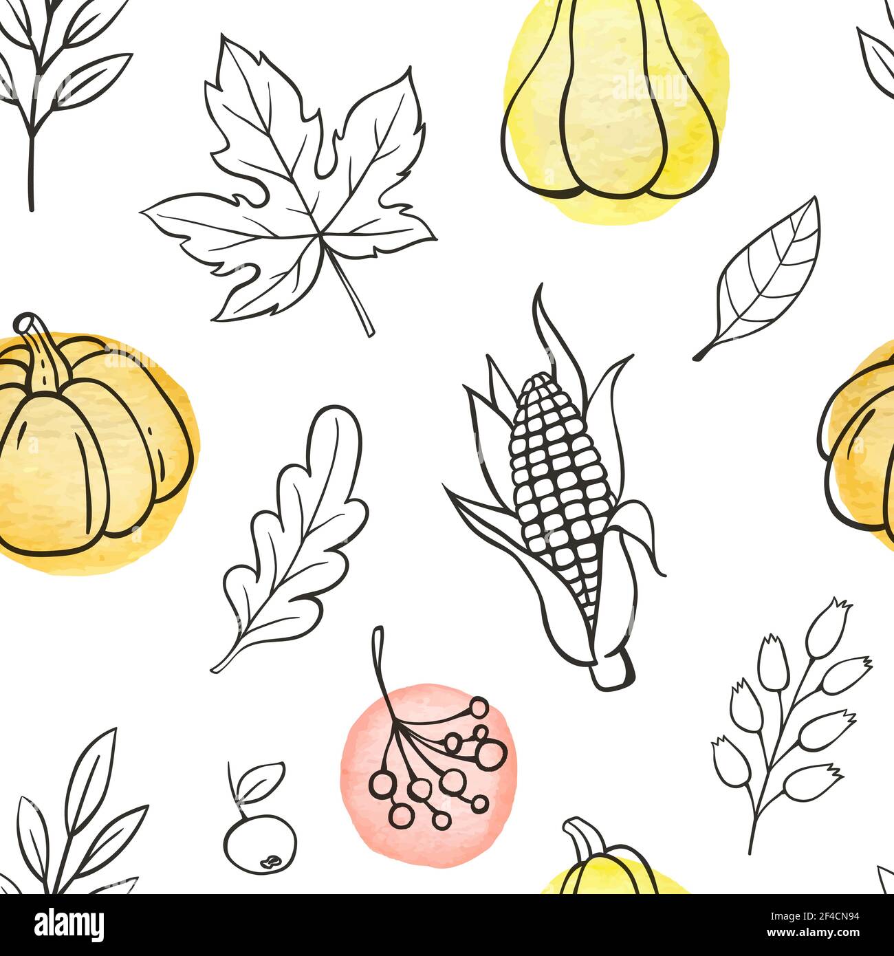 Autumn doodle seamless pattern with pumpkins and leaves on a white background. Hand drawn vector illustration with watercolor elements. Stock Vector