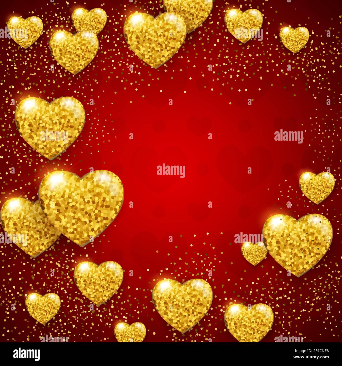 Red Valentine background with shining golden glittering hearts. Vector ...