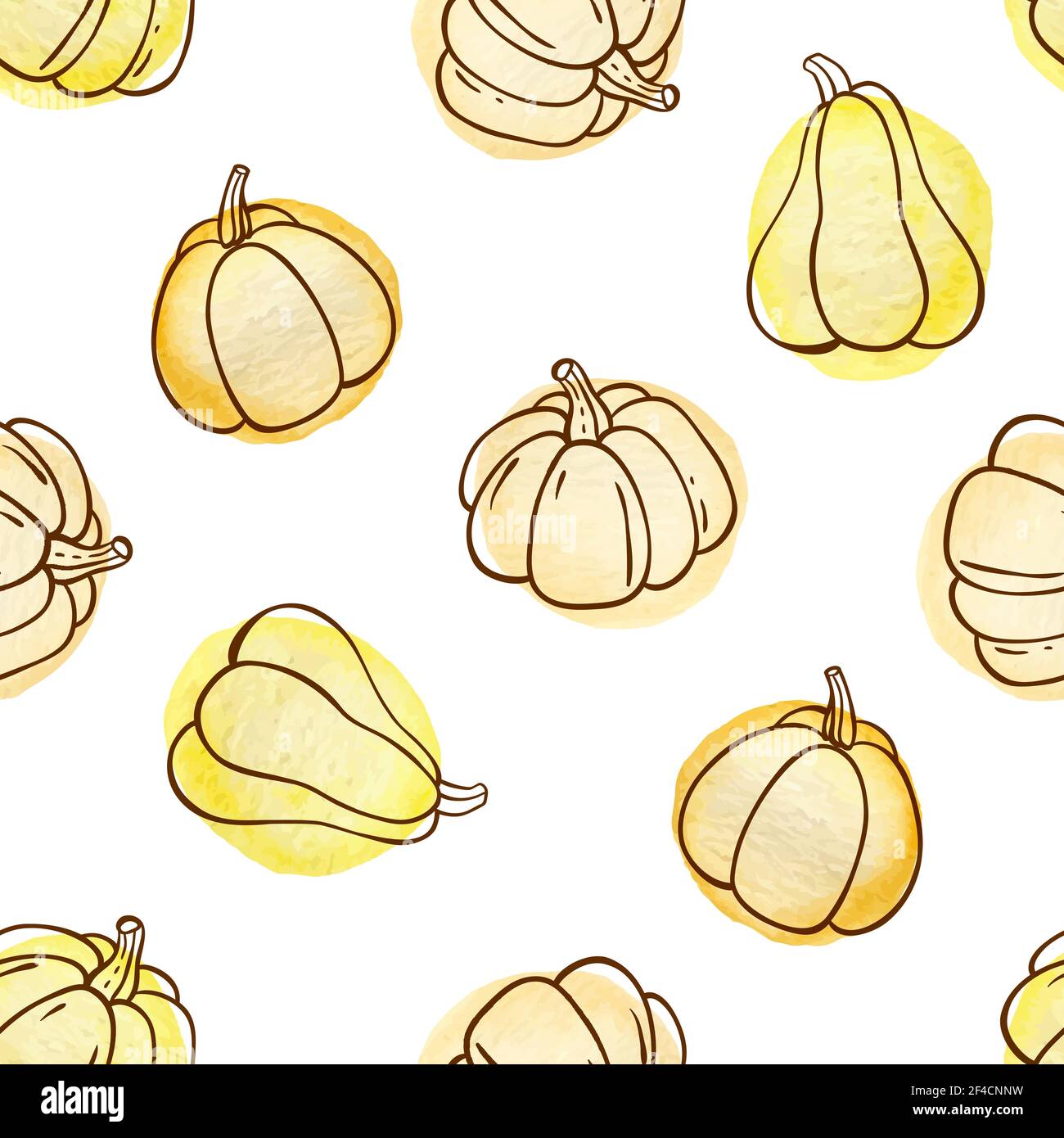 Autumn doodle seamless pattern with pumpkins on a white background. Hand drawn vector illustration with watercolor elements. Stock Vector