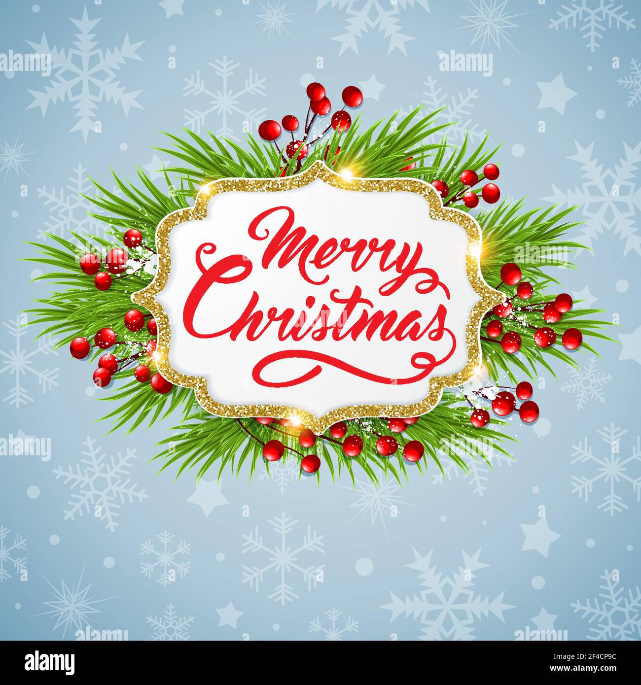 Vector Christmas background with fir branch and golden glittering frame ...