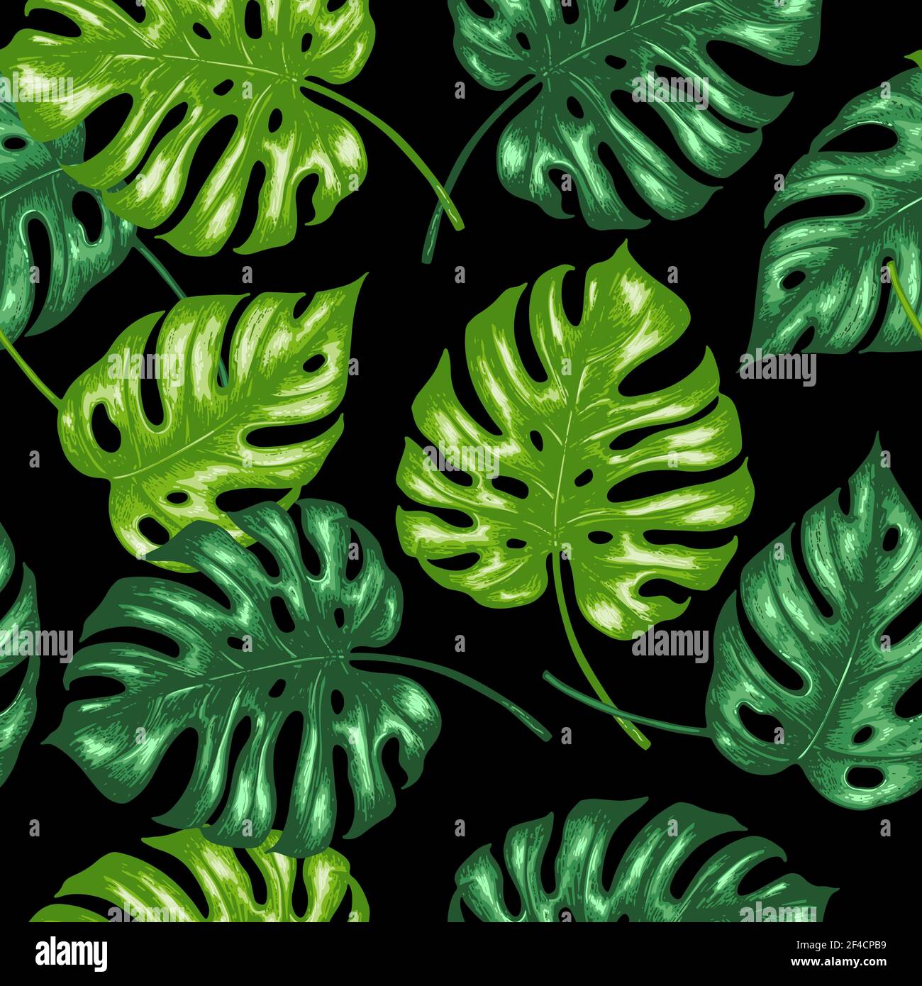 Tropical seamless pattern with green palm leaves on a black background ...