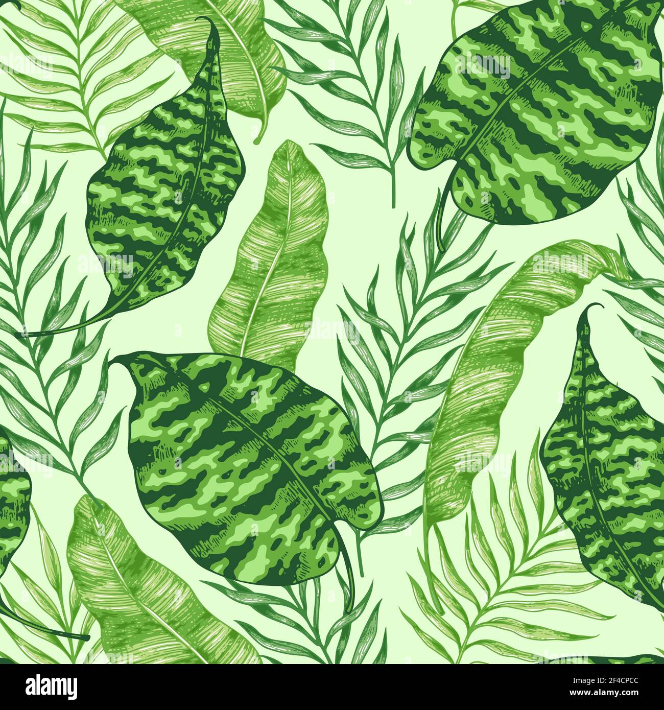 Tropical summer seamless pattern with green palm leaves. Hand drawn ...