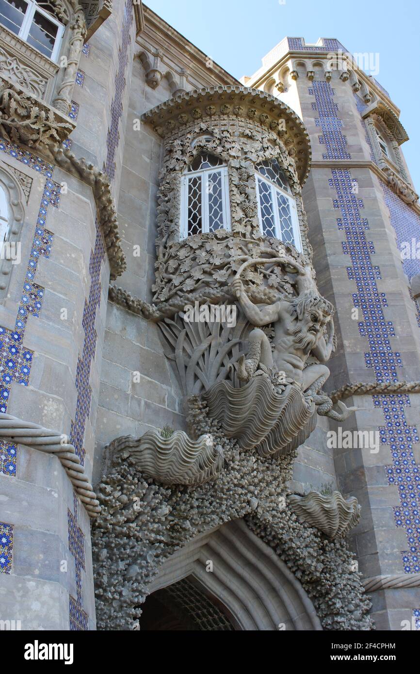 facade decorated with sculptures and tiles, palacio da pena, Stock Photo