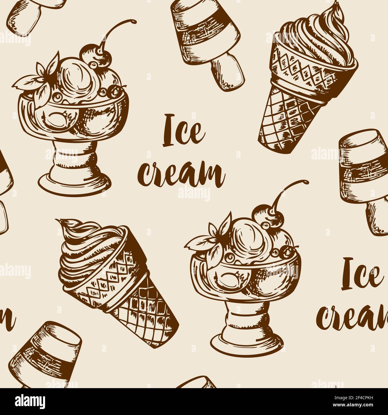 Vintage summer seamless pattern with different ice cream. Hand drawn vector background Stock Vector