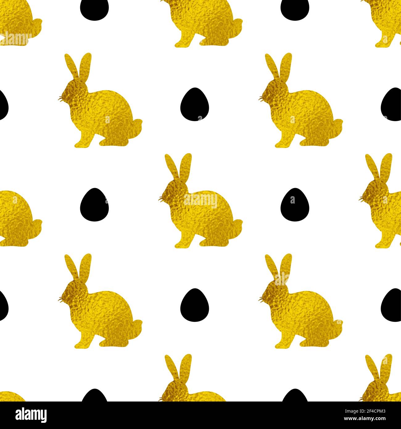 Easter seamless pattern with golden rabbits and eggs on a white ...