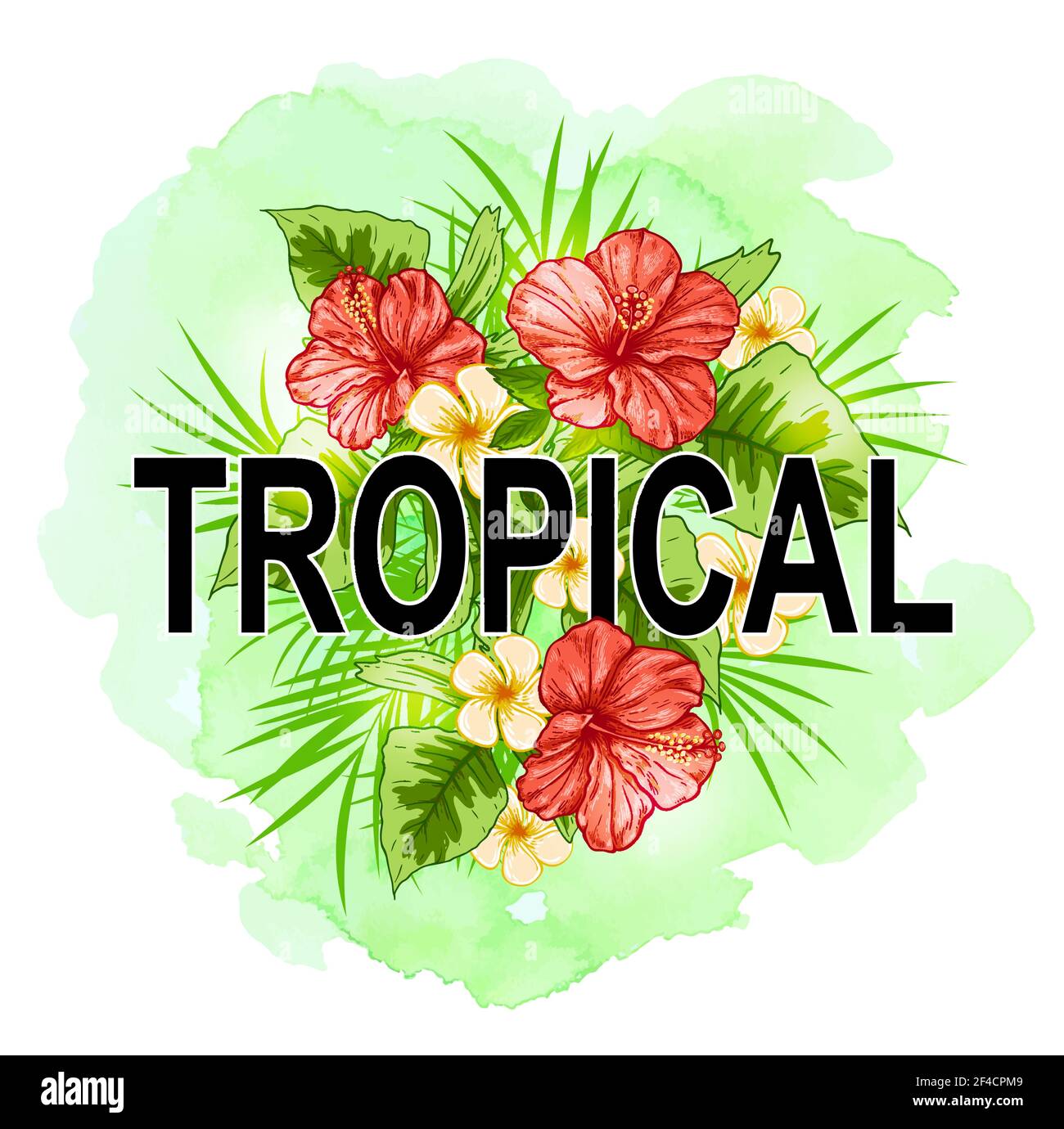 Tropical summer background with green palm leaves, red flowers and ...