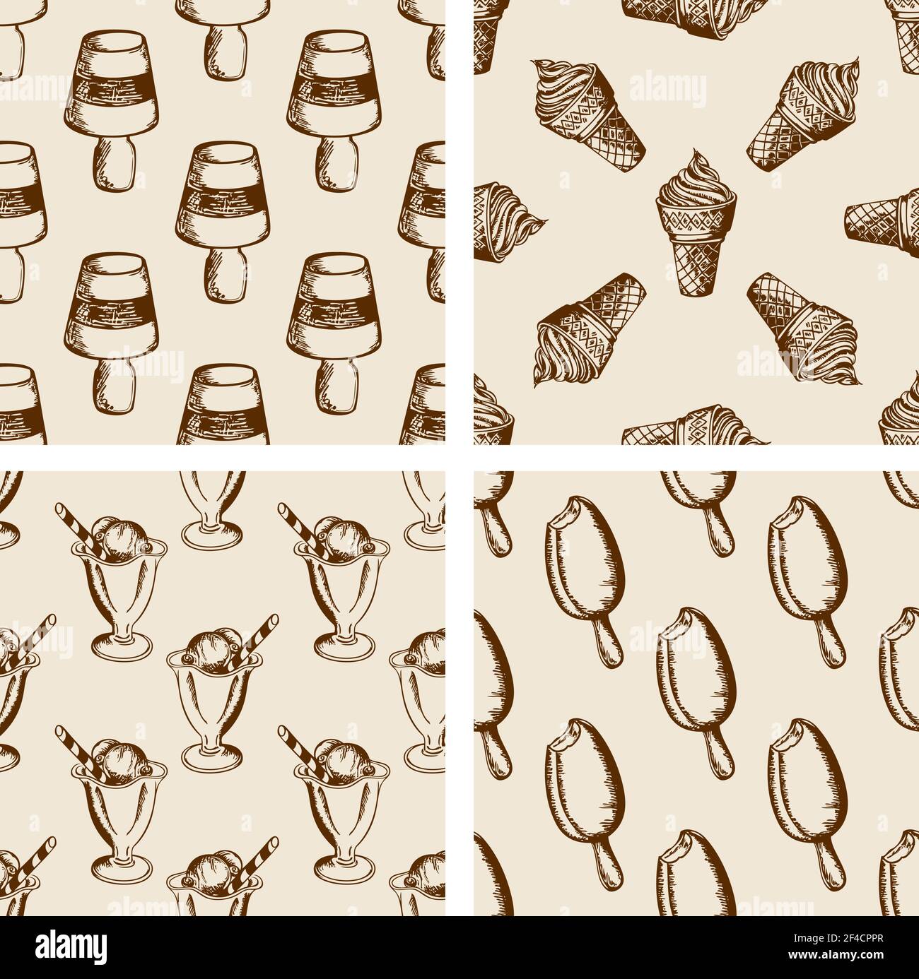 Vintage seamless patterns with different ice cream. Hand drawn vector backgrounds Stock Vector