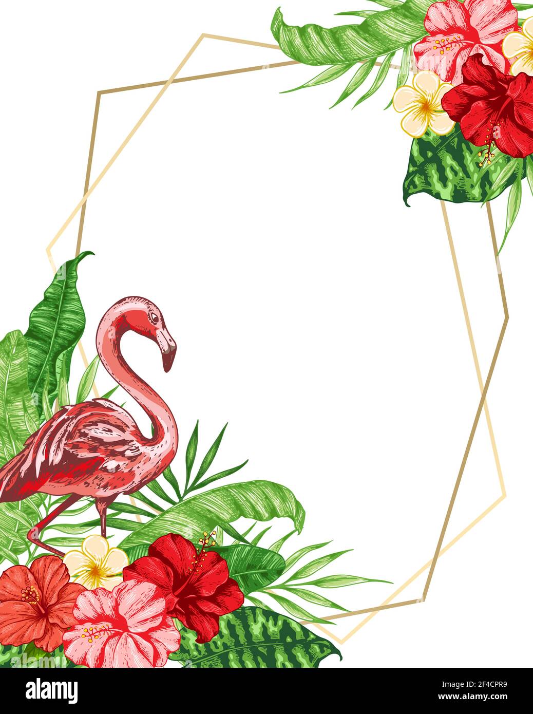 Tropical floral background with pink flamingo, red flowers and green ...