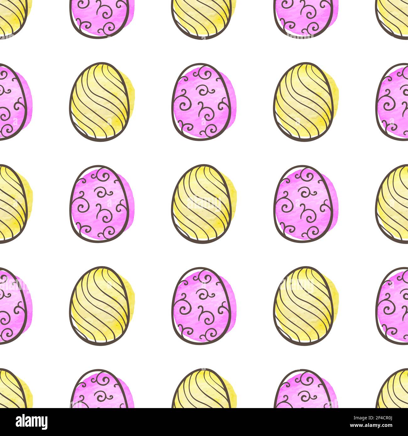 Hand drawn doodle Easter seamless pattern with pink and yellow eggs on ...