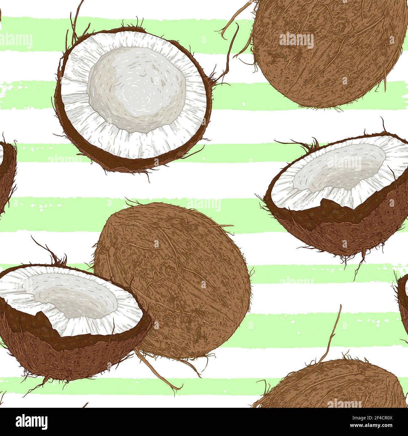 Seamless pattern with coconuts and green palm leaves on a white ...