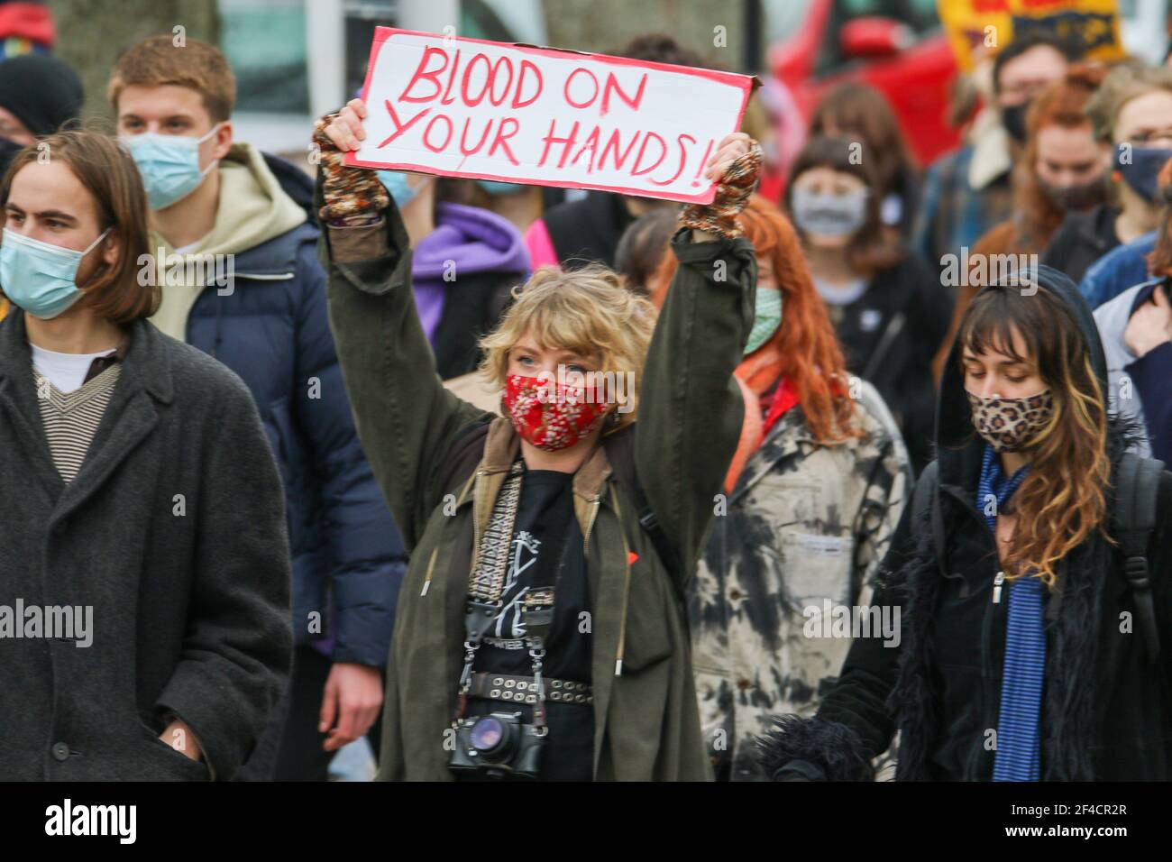 Brighton, UK. 20th March, 2021. A protest dubbed Kill The Bill took place in Brighton today in protest against the police, crime, sentencing and courts bill. Sussex Police took a low key approach which seems to of resulted in a peacful march thru Brighton town centre. Credit: Pete Abel/Alamy Live News Stock Photo