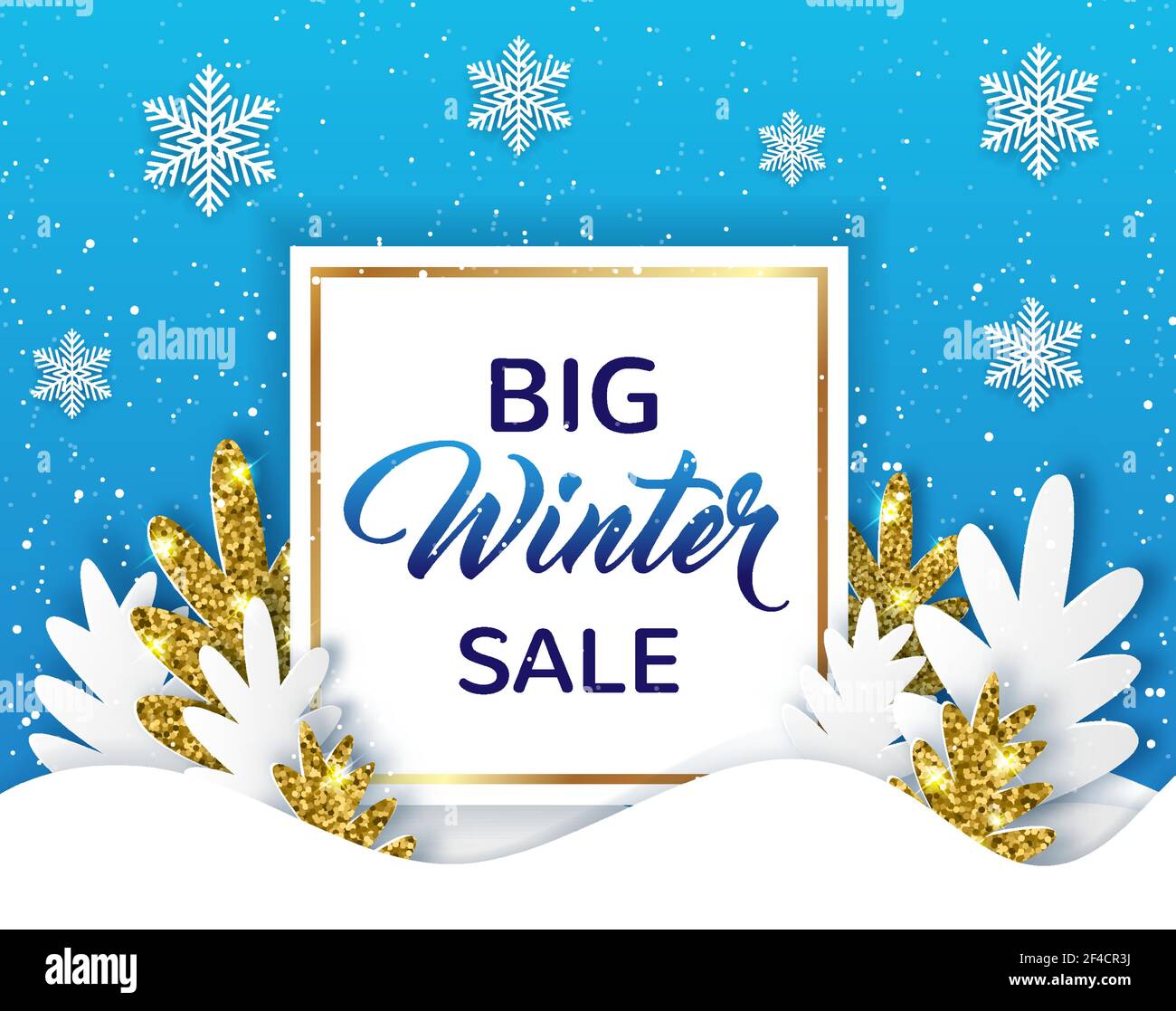 New year and Christmas frame with paper silhouettes of white and golden