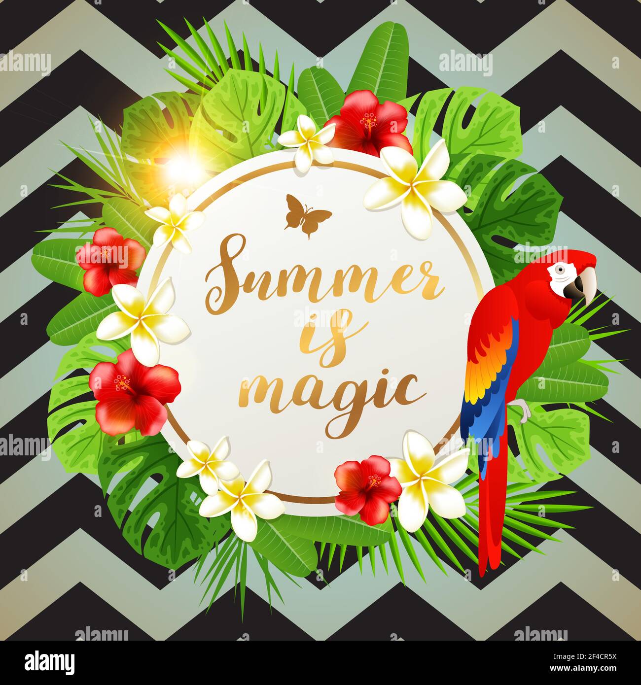 Summer banner with tropical flowers, green palm leaves and red parrot ...