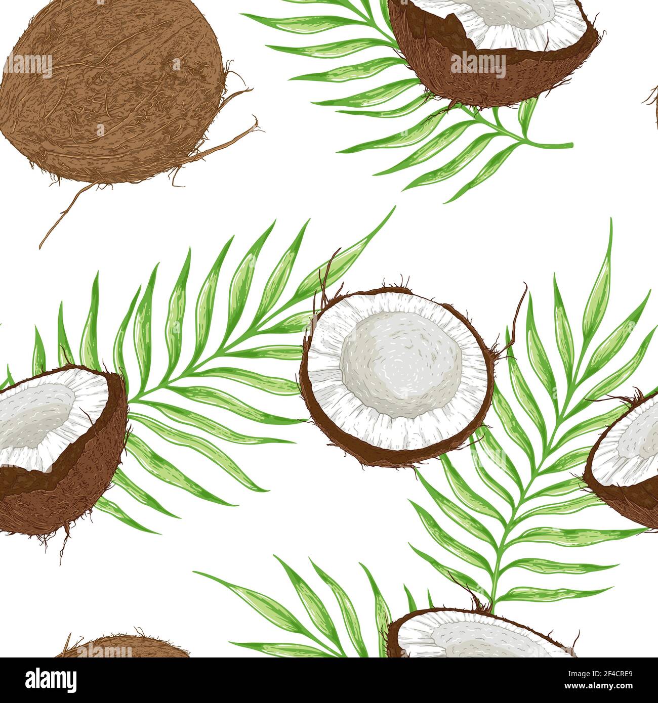 Seamless pattern with coconuts and green palm leaves on a white ...