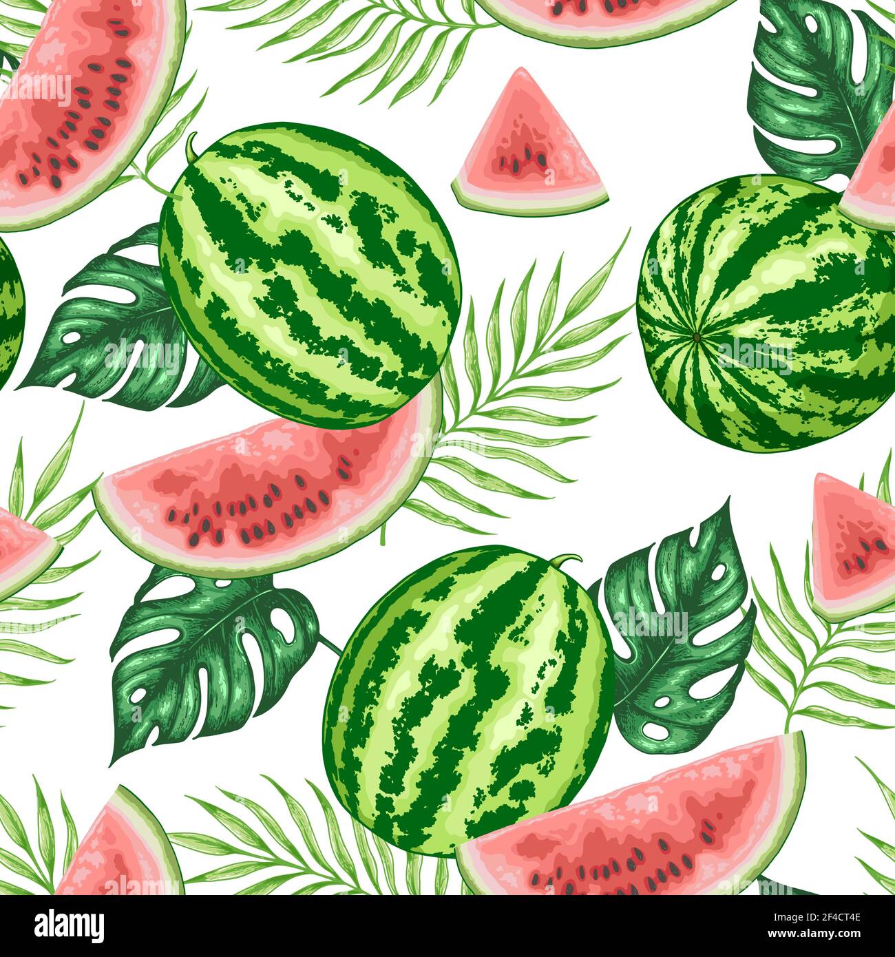Summer tropical seamless pattern with sweet juicy watermelon and palm ...