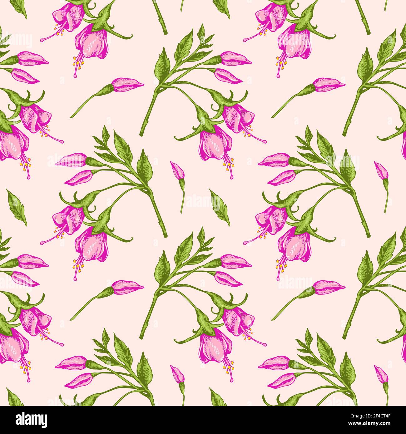 Tropical seamless pattern with pink fuchsia flowers. Hand drawn vintage ...