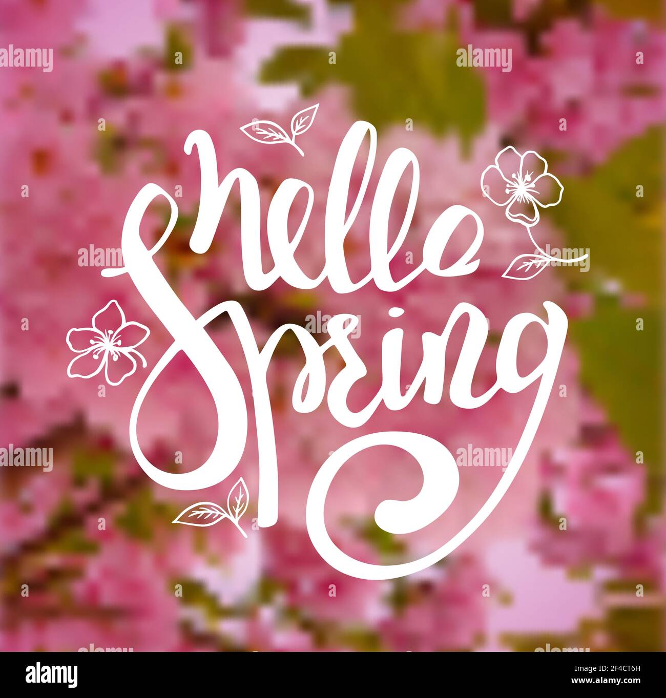 Spring blurred background with pink flowering cherry branch and hand drawn text. Hello spring lettering. Vector illustration. Stock Vector