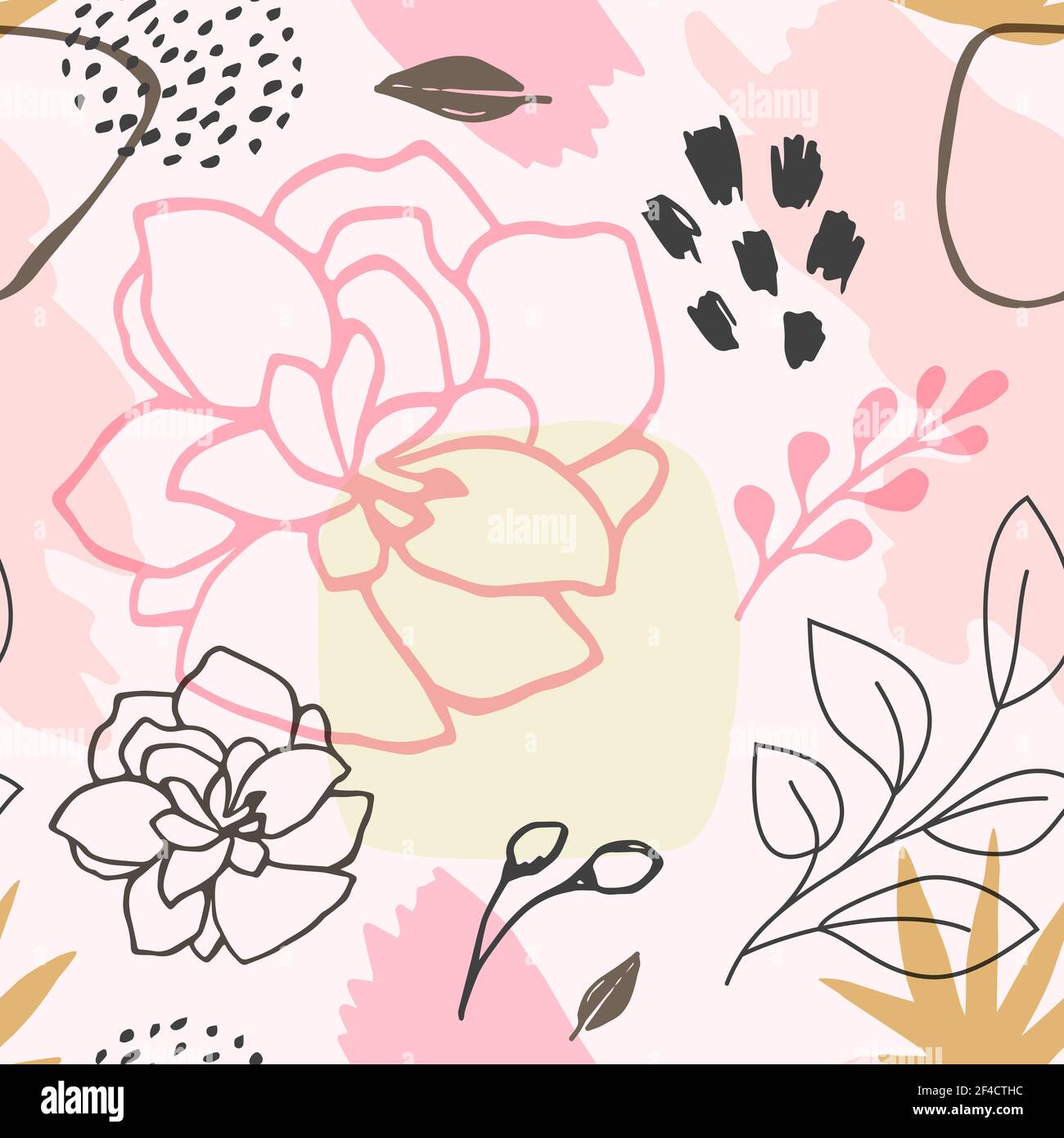 Abstract spring seamless pattern with flowers and leaves. Vector background Stock Vector
