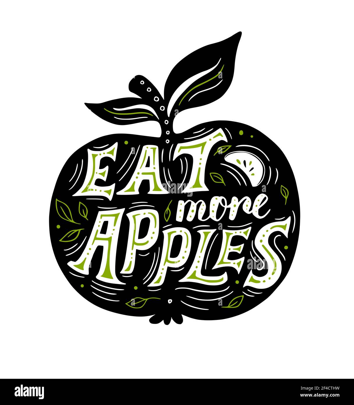 Hand drawn black silhouette of apple and lettering Eat more apples on a white background. Healthy food concept. Vector illustration Stock Vector