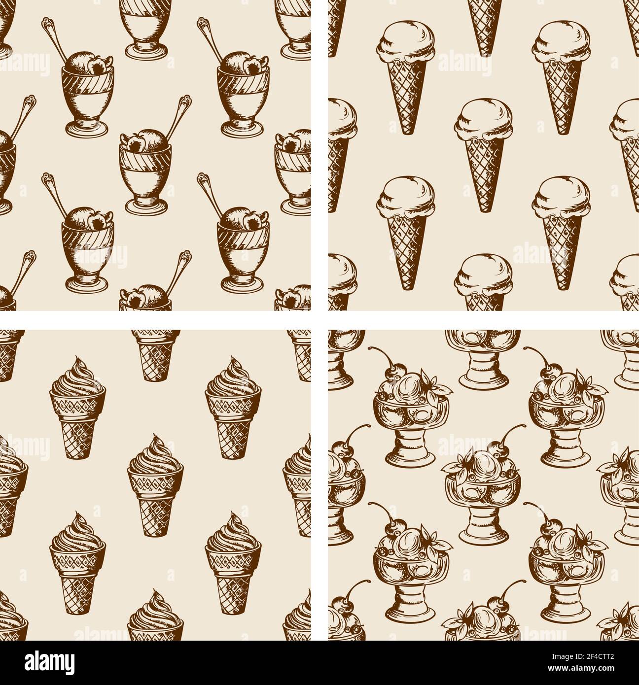Vintage seamless patterns with different ice cream. Hand drawn vector backgrounds Stock Vector