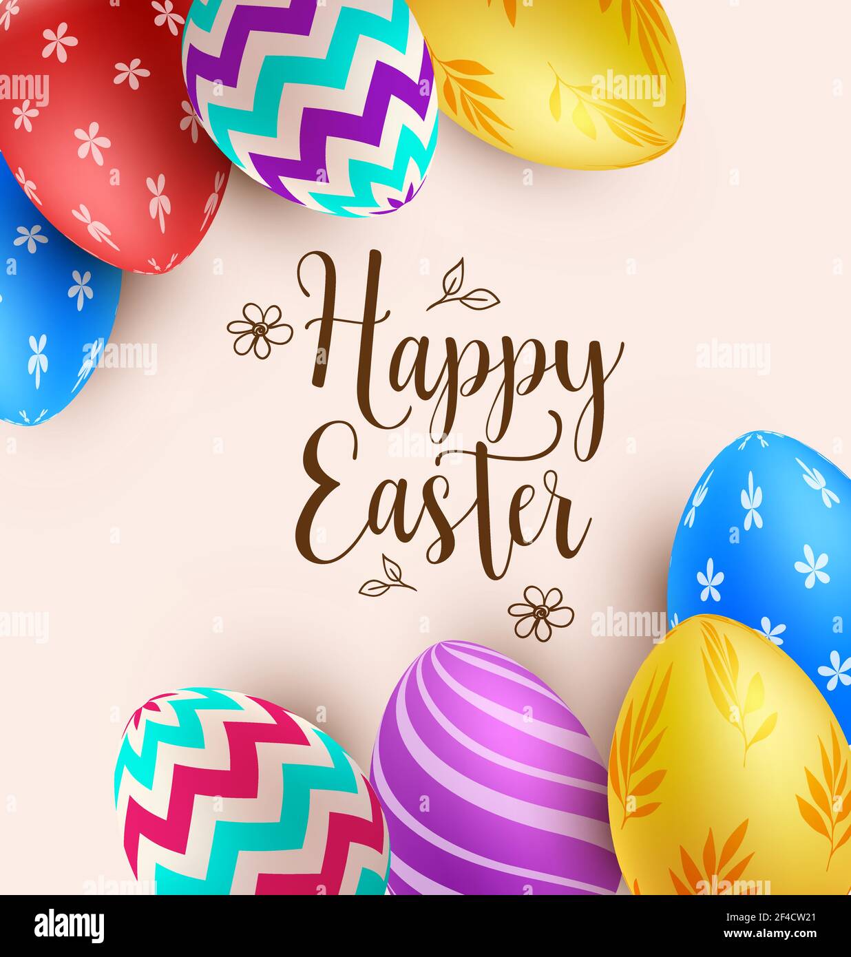 Decorative background with multicolored Easter eggs. Vector illustration. Happy Easter lettering Stock Vector