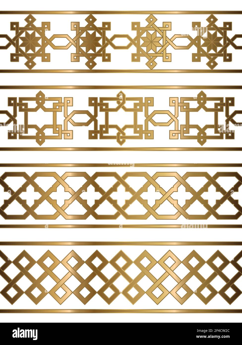 Set of golden oriental geometrical seamless borders. Decorative design elements. Vector illustration. Stock Vector