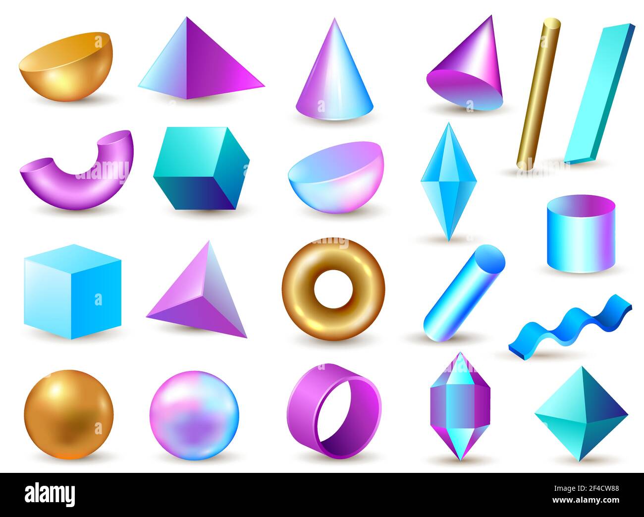 Set of 3d geometric multi-colored bright design elements on a white background. Vector illustration. Stock Vector